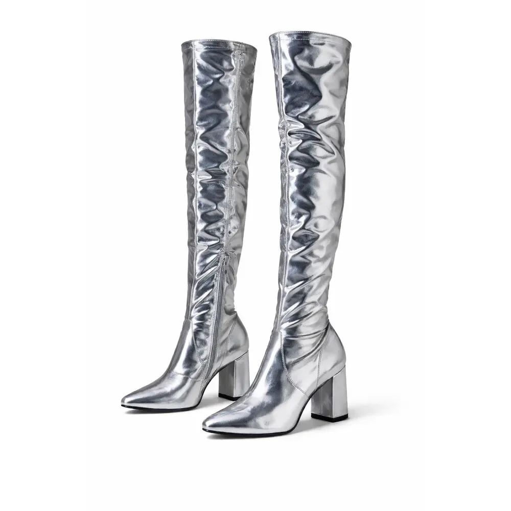 Silver Metallic OTK Boots Sz 12 Inside Zip Block Heel Pointed Toe